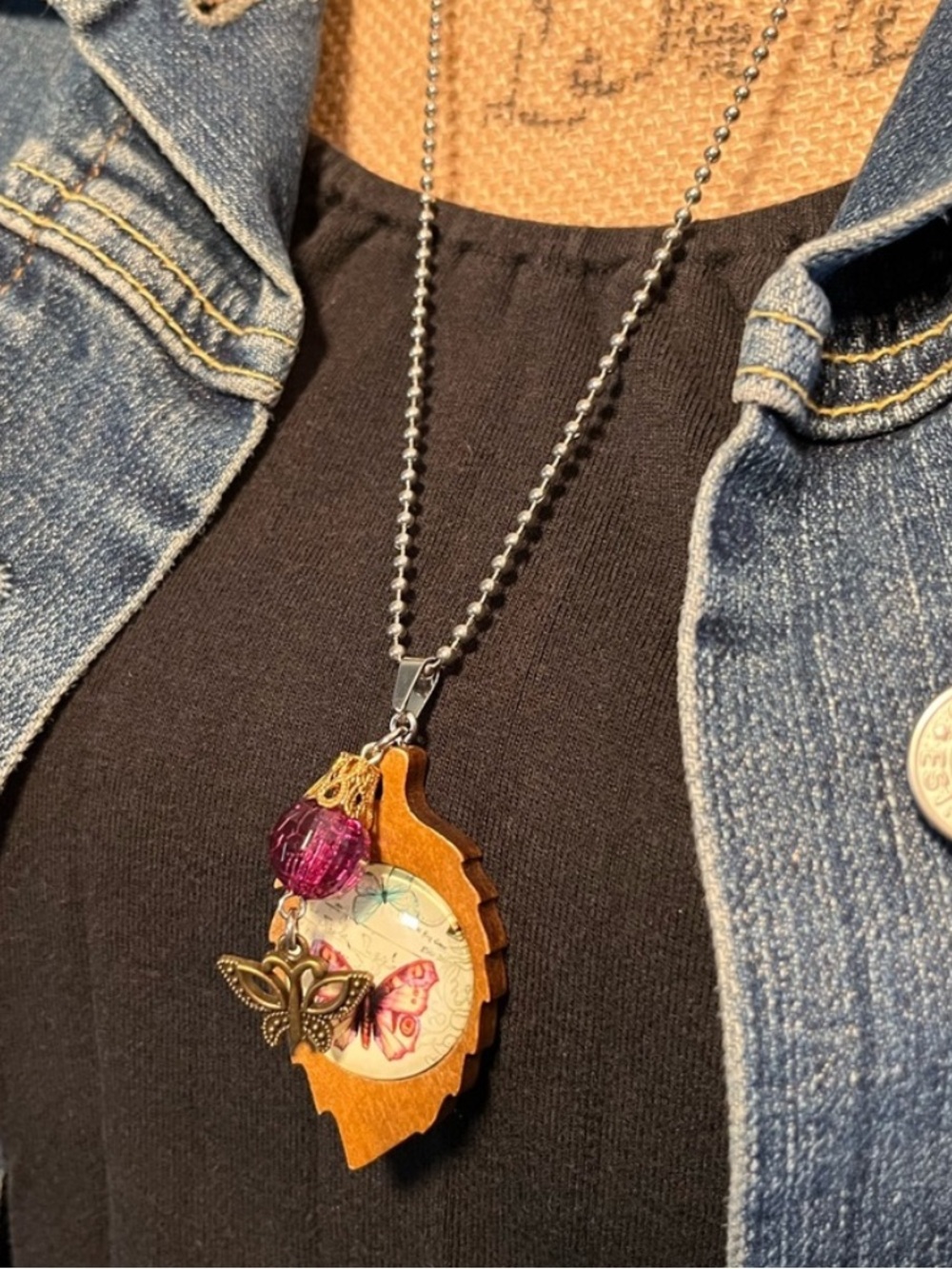 Handcrafted Wooden Leaf Butterfly Necklace Boho Nature Inspired 26” - Picture 11 of 15